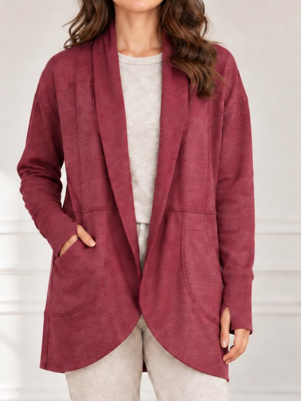 Eddie Bauer Cardigan Sz Medium Burgundy Camp Fleece Shawl Collar Wrap Thumbholes